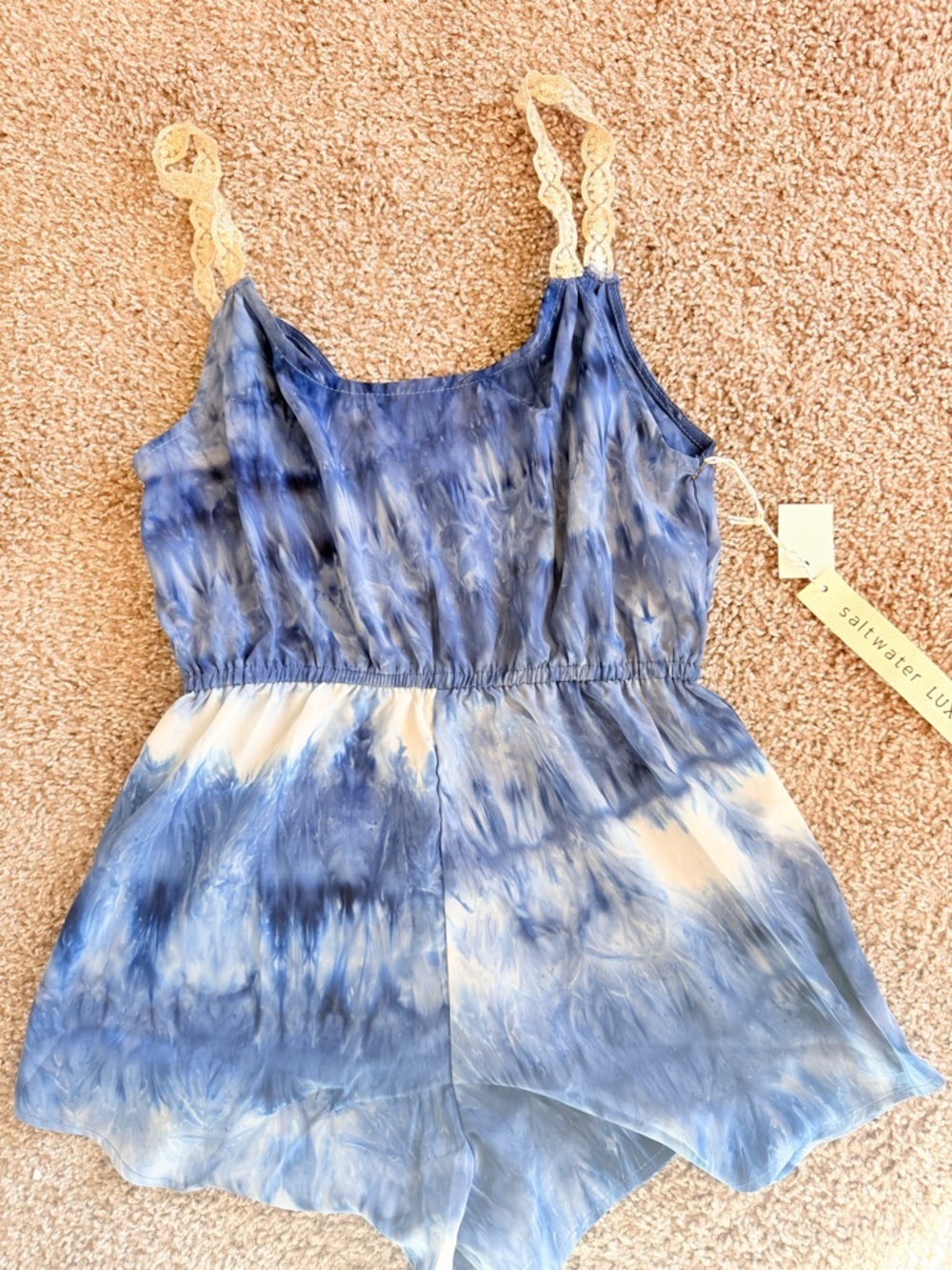 Saltwater Luxe Tie Dye Romper Boho Festival Elastic Waist Lace Straps Small NWT - Picture 5 of 9
